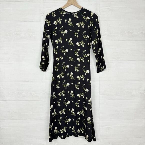 Reformation Floral Print Midi Dress Size 2 Black Floral Long Sleeve Cocktail - Picture 15 of 16